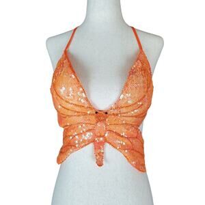 Y2k Butterfly Top Orange Sequin Cropped Tie Back - Small
